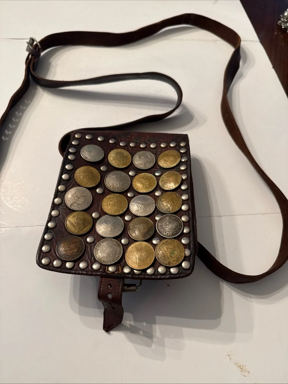 Vintage Moroccan Brown Leather Crossbody Coin-Studded Bag
